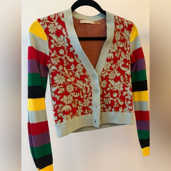 Alice + Olivia Sweaters - Alice + Olivia Red Floral Cardigan with Striped Sleeves